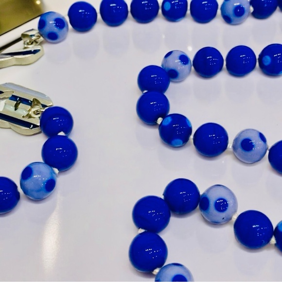 Chanel Spotted Glass Bead Long Silk Ribbon Blue Necklace - Picture 4 of 8